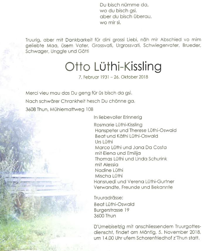 Otto Lüthi - Todesanzeige